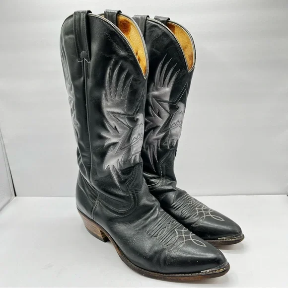 Boulet Men’s Size 9 Black Cowboy Boots Leather Silver Birds with Wings Western